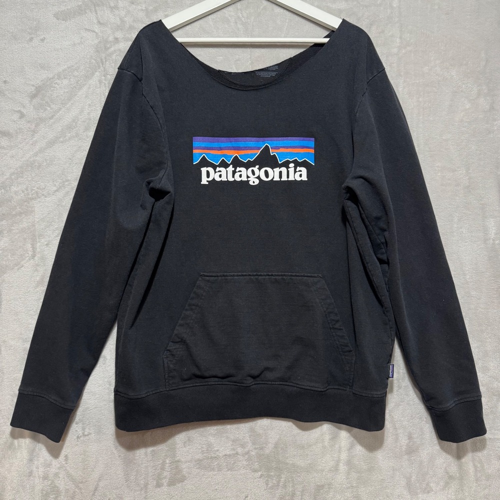Patagonia Womens Horizons Logo Sweatshirt Black Neck Cut Off Scoop Neck Fleece L